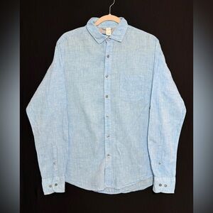 Men's Linen Casual Light Blue Button Down Shirt Long sleeve